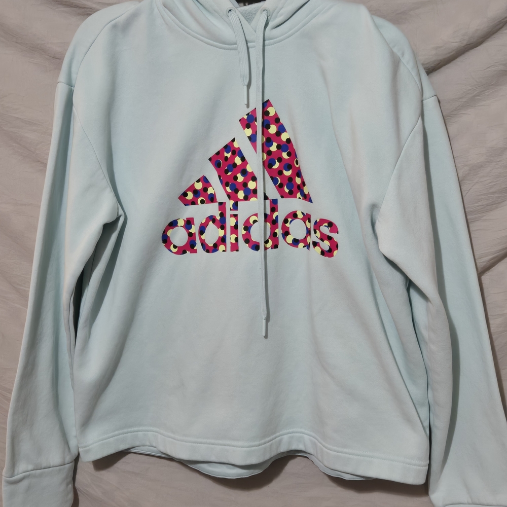 Adidas Cropped Sky Blue Hoodie with Multicolor Logo